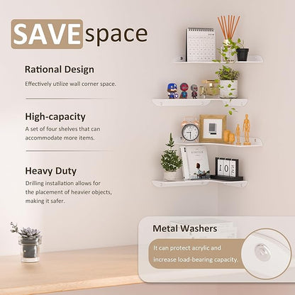 8x11.8 Inch Corner Shelf Wall Mount Set of 4, White Acrylic Corner Floating Shelves, Wall Organizer Shelf for Bathroom, Kitchen, Bedroom, Living Room, Dining Room, Office