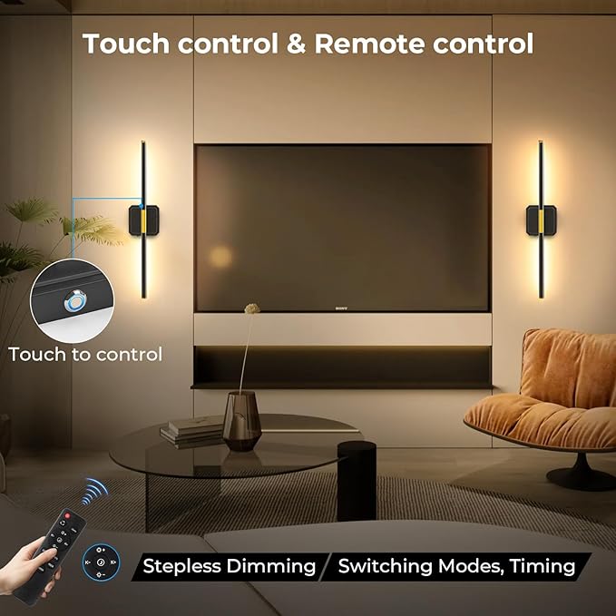 Battery Operated Wall Sconce Detachable 360°Rotate, Wireless Wall Lamp 3000-6500K Dimmable, 10000mAh Rechargeable Wall Light for Bedroom, Living Room，28.3" Black Gold 4 Pack