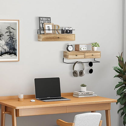 Floating Shelves - Wall Mounted Bathroom Shelf Set of 2 with Drawers, Rustic Wood Shelves for Bedroom, Living Room, Kitchen, Wall Decor, Plants, Books (Brown)