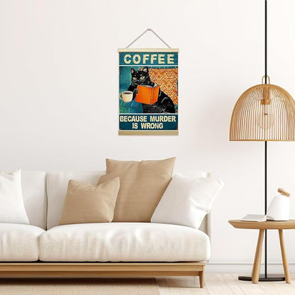 LETUROIA Black Cat Coffee Poster Hanger Frame, Because Murder is Wrong Canvas Wall Decor(12×16"), Wall Art For Home Kitchen Cafe Bar Shelf Office -39