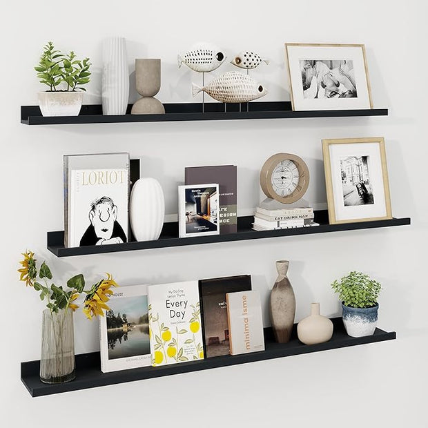 Axeman 48 Inch Floating Shelves | Black Picture Ledge Shelf Set of 3 | Rustic Wood Wall Shelves with Lip | 48" Black Picture Shelf for Wall with Ledge | Photo Shelves