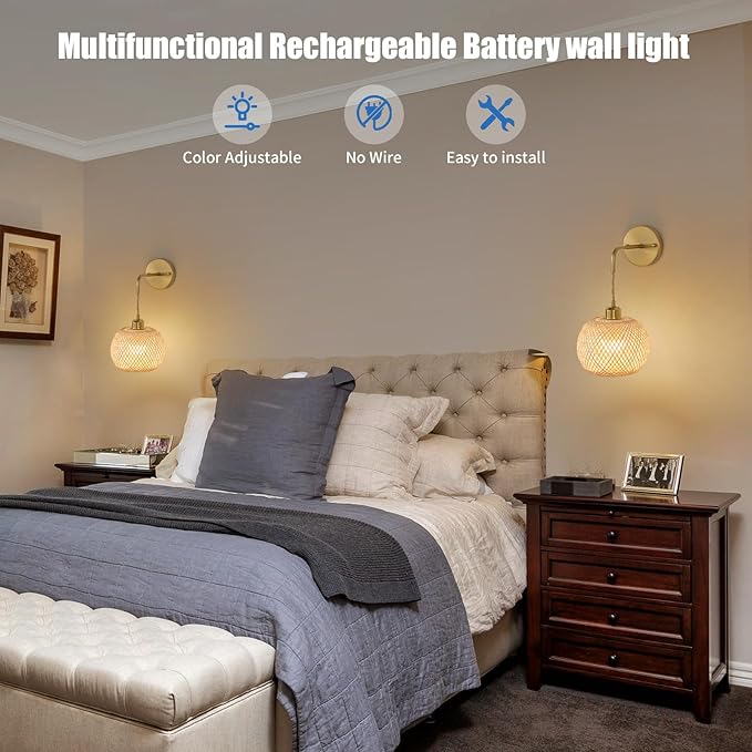 Gold Battery Operated Wall Sconces Set of 2 with Remote, Rechargeable Rattan Battery Powered Wall Lights/Lamps, Wireless Boho Lighting Fixtures for Bedroom Farmhouse, 15 Colors Dimmable,8''