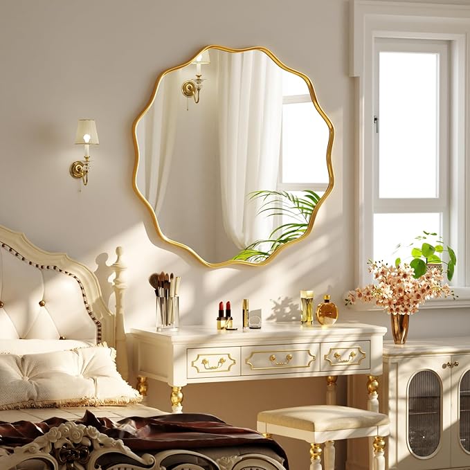 24 Inch Scalloped Round Wall Mirror, Gold Wavy Edge Frame Circle Mirror for Bathroom, Bedroom, Entryway, Living Room for Wall Decor