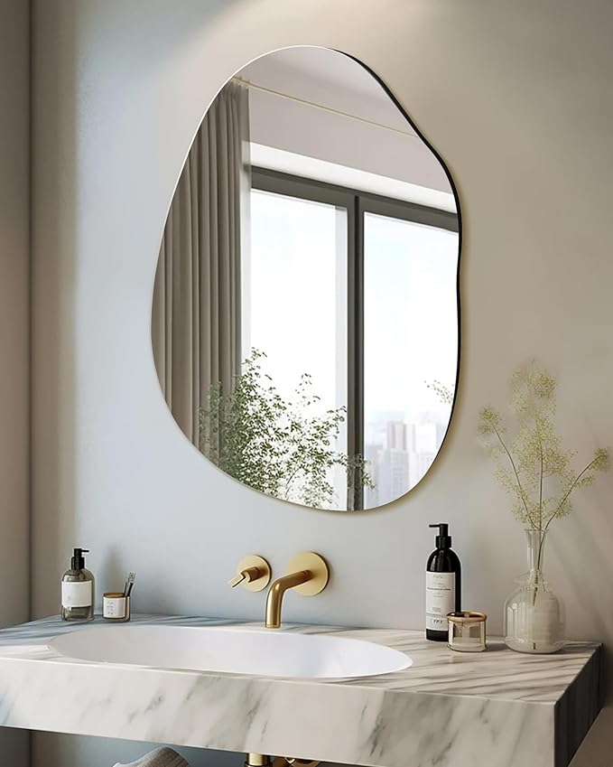 Irregular Frameless Bathroom Mirror,22 x 30 Inch Asymmetrical Wall Mirror with Wood Frame,Vanity Modern Tempered Glass Mirror for Bedroom,Entryway,Living Room