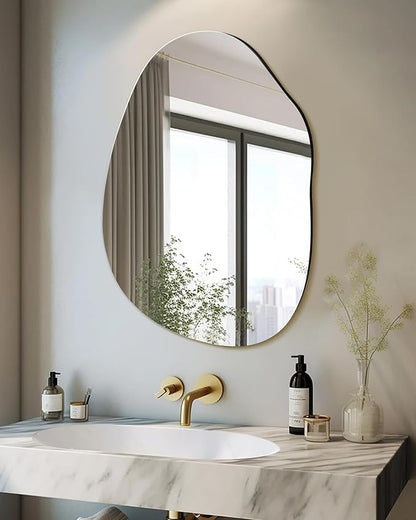 Irregular Frameless Bathroom Mirror,22 x 30 Inch Asymmetrical Wall Mirror with Wood Frame,Vanity Modern Tempered Glass Mirror for Bedroom,Entryway,Living Room