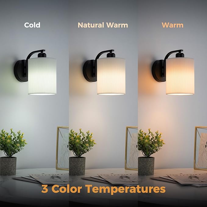 Battery Operated Wall Sconce Set of 2, Rechargeable Wall Sconce with 13000mAh Bulb Pleated Fabric, Wireless Battery Powered Wall Sconces Set of 2 for Bedroom Living Room, Black