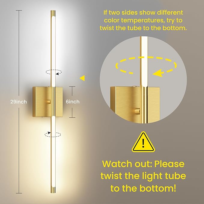 Battery Operated Wall Sconces Set of Two, 10000mAh Rechargeable Wall Lights with Remote Control, 360° Rotate Dimmable Gold LED Cordless Lamps for Bedroom, Living Room, Hallway, 29 Inch, 3CCT