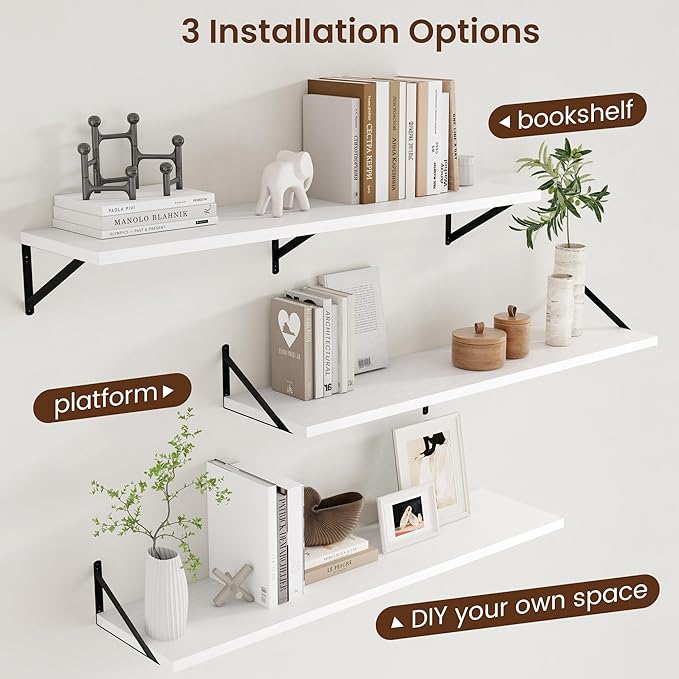 Axeman Floating Shelves for Wall White - 48 Inch Wide x 12 Inch Deep Wall Shelves Set of 2 - White Deep Wood Floating Shelves for Living Room Bedroom Laundry Room