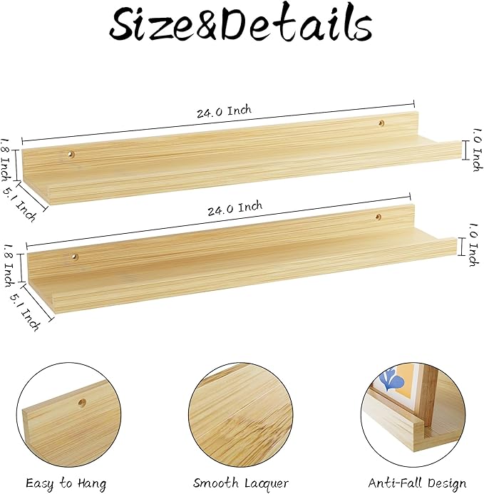 24 Inch Bamboo Floating Shelves - Picture Ledge Shelf with Lip Set of 2, Hanging Bamboo Wall Shelf for Storage, Natural Wood Floating Shelves for Living Room, Bedroom, Kitchen