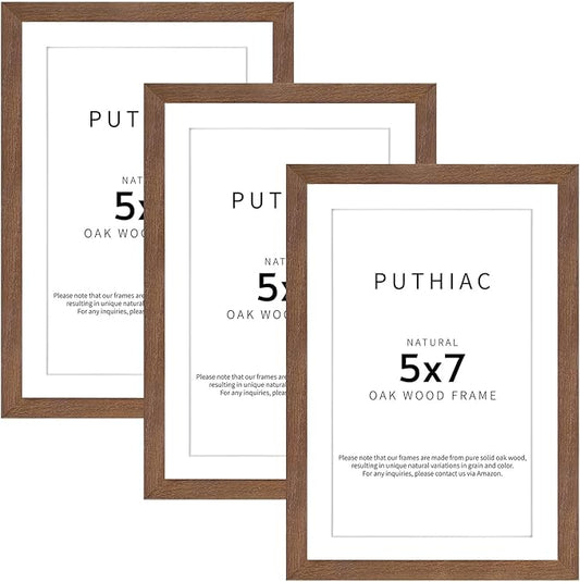 puthiac 5x7 Solid Oak Wood Picture Frame, Fits 4x6 with Mat or 5x7 Without Mat, Wall or Tabletop Display with Stand, Vertical or Horizontal, Plexi Front, 3 Pack, Walnut