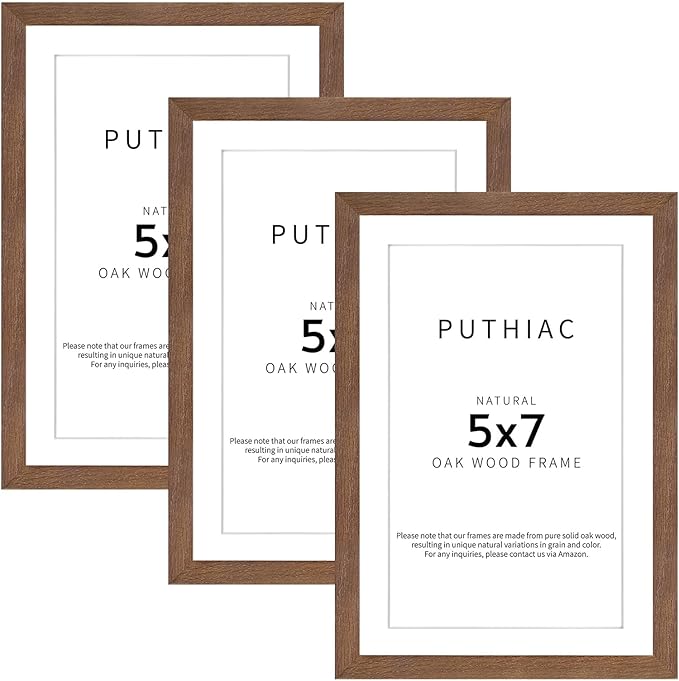puthiac 5x7 Solid Oak Wood Picture Frame, Fits 4x6 with Mat or 5x7 Without Mat, Wall or Tabletop Display with Stand, Vertical or Horizontal, Plexi Front, 3 Pack, Walnut