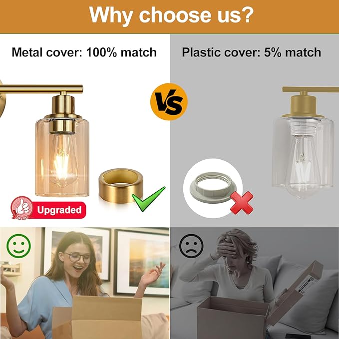 3-Light Bathroom Light Fixtures, Brushed Gold Vanity Light, Farmhouse Wall Lights with Amber Glass Shades, Bathroom Wall Lamp for Mirror Kitchen Bedroom Hallway Living Room