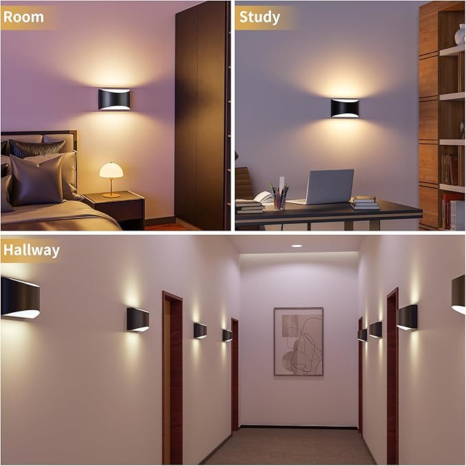 TingMiao Black Modern LED Wall Sconce, Hardwired Wall Sconces Set of 2, 3 Colors Indoor Wall Lamp, 10W Up and Down Aluminum Wall Mount Light for Bedroom Living Room Hallway Corridor (Black, 2 Pack)