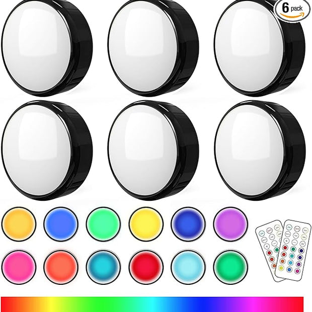 Puck Lights with Remote Control Battery Operated LED Push Lights Wireless, 13 Color RGB - for Closet, Bedroom Wall, Under Cabinet, Battery Powered ambient lighting. Convenient 3M Stick On, Black 6Pcs