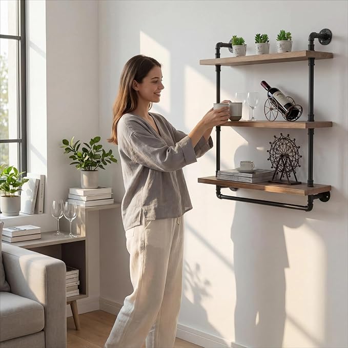 Industrial Wall Mounted Iron Floating Pipe Shelves/Shelving/Racks/Storage/Bookcases/Brackets, DIY Open Bookshelves/Shelving for Kitchen/Office, Retro Black (3-Tier Floating Shelves)