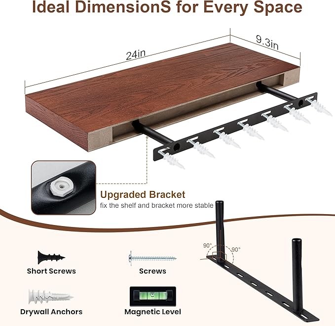 RICHFOCUS Floating Shelves for Wall | 24W x 9.3D Rustic Floating Shelves with Solid Ash Wood Veneer Set of 2 | Floating Wall Shelves with Upgraded Brackets | for Living Room Bathroom Home Office