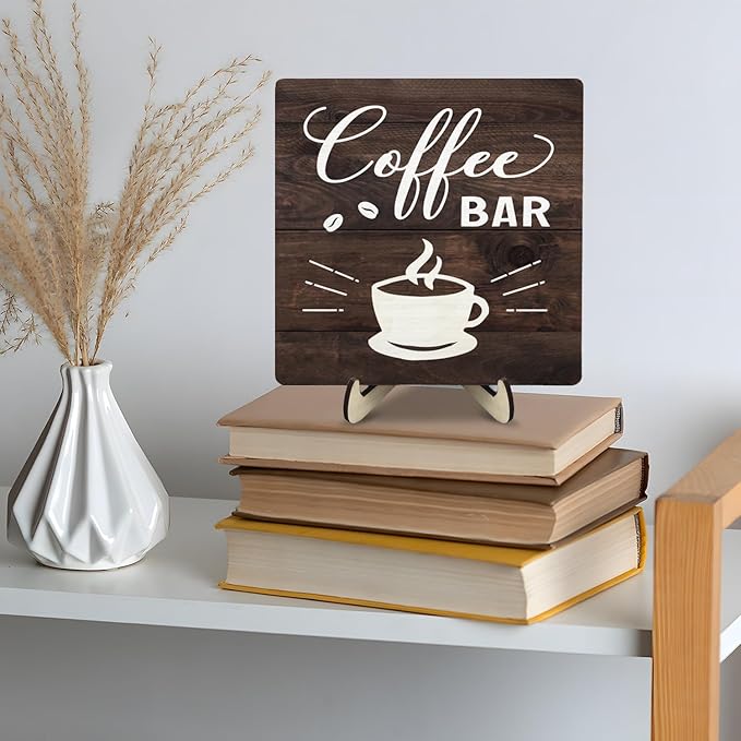 Funny Coffee Bar Decor Sign – Rustic Wooden Plaque for Coffee Station, Farmhouse Cafe Shelf Accessories, Desk or Kitchen Counter Decor,Birthday,Mother Day Gift 5.9 x 5.9 Inch (Brown)
