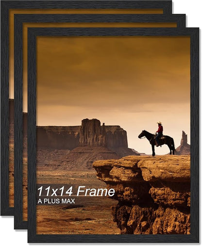 A PLUS MAX 11x14 Picture Frame Set of 3, Black Engineered Wood Frame for 11 x 14 Inch Picture Poster Photo, Light Weight 11 by 14 Frame with Wood-grain for Wall - 3 Pack/Black/11 x14