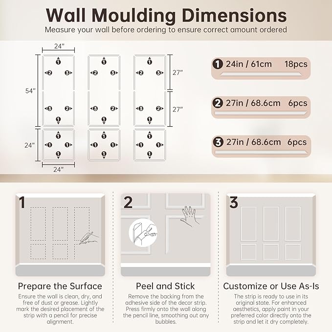 DODOKIE Peel and Stick Wall Molding Kit, Pre Cut Molding Wainscoting Panels for Interior Home Wall Moulding Décor Living Room Decoration, Self-Adhesive Ready to Assemble White (3 Set, 24 x 78 in)