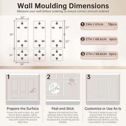DODOKIE Peel and Stick Wall Molding Kit, Pre Cut Molding Wainscoting Panels for Interior Home Wall Moulding Décor Living Room Decoration, Self-Adhesive Ready to Assemble White (3 Set, 24 x 78 in)