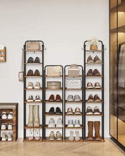 8 Tiers Vertical Shoe Rack, Narrow Shoe Tower, Tall Shoes Shelf with 2 Hooks, Adjustable Shelves, Corner Shoes Shelves for Small Spaces, Entryway, Living Room, Rustic Brown SR04301B