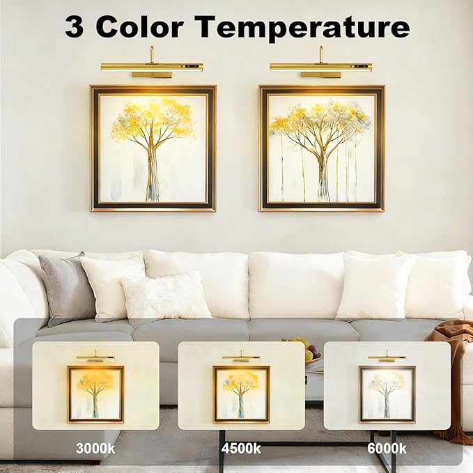 Picture Lights Wall Battery Operated, 14" 6000mAh Rechargeable Display Light with Remote/Rotatable/Dimmable/3CCT Magnetic Wireless Lamp for Painting/Gallery/Artwork/Portraits/Phote/Frame/Poster(Brass)