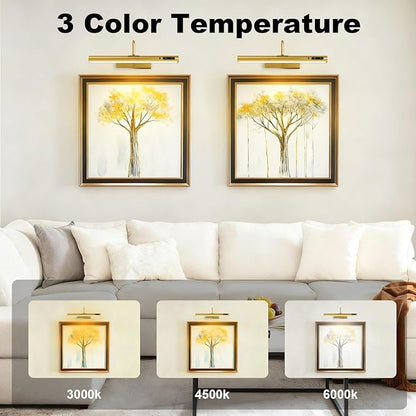 Picture Lights Wall Battery Operated, 14" 6000mAh Rechargeable Display Light with Remote/Rotatable/Dimmable/3CCT Magnetic Wireless Lamp for Painting/Gallery/Artwork/Portraits/Phote/Frame/Poster(Brass)