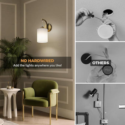 Battery Operated Wall Sconce Set of Two, Pleated Fabric Rechargeable Wireless Wall Sconces with 13000mAh Bulb & Dimmable, Battery Sconces Wall Light Decor Set of 2 for Living Room, Gold