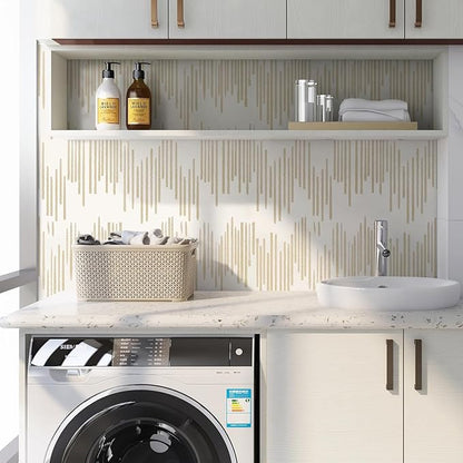 WENMER Beige Striped Wallpaper, Geometric Peel and Stick Wallpaper, 17.7''×118'' Gold Contact Paper, Beige Self Adhesive Removable Wall Paper for Bathroom Cabinets Kitchen