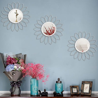 3 Pack Metal Mirrors for Wall Sunburst Wall Mirrors Home Décor Decorative Hanging Wall Art for Living Room Bedroom Entryway (Silver, Flowers)
