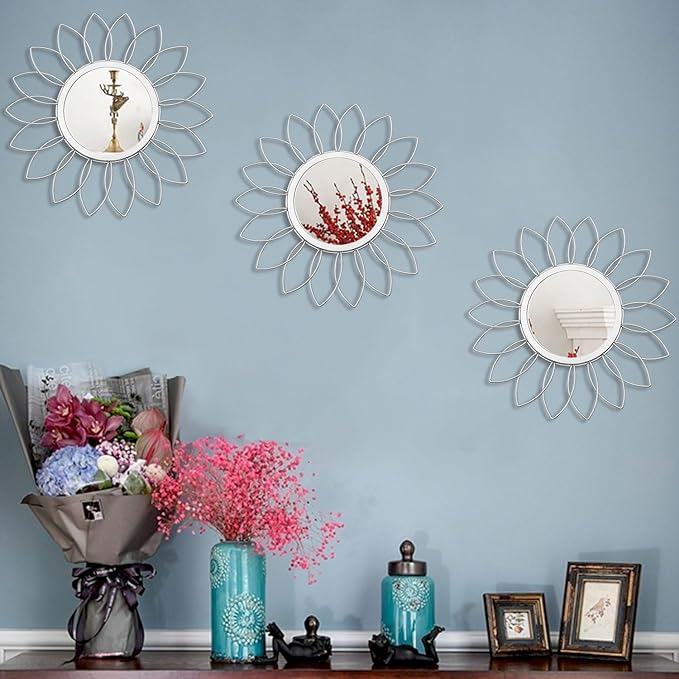 3 Pack Metal Mirrors for Wall Sunburst Wall Mirrors Home Décor Decorative Hanging Wall Art for Living Room Bedroom Entryway (Silver, Flowers)