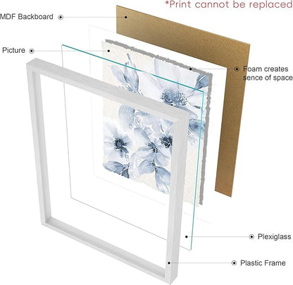 ArtbyHannah Framed Bathroom Wall Art Decor, 12x16 Inch 3D Light Blue Watercolor Florals with Torn Edge Floating Effect, Moisture Proof Prints Pictures Artwork for Bathroom, Bedroom Decor (2 Pack)