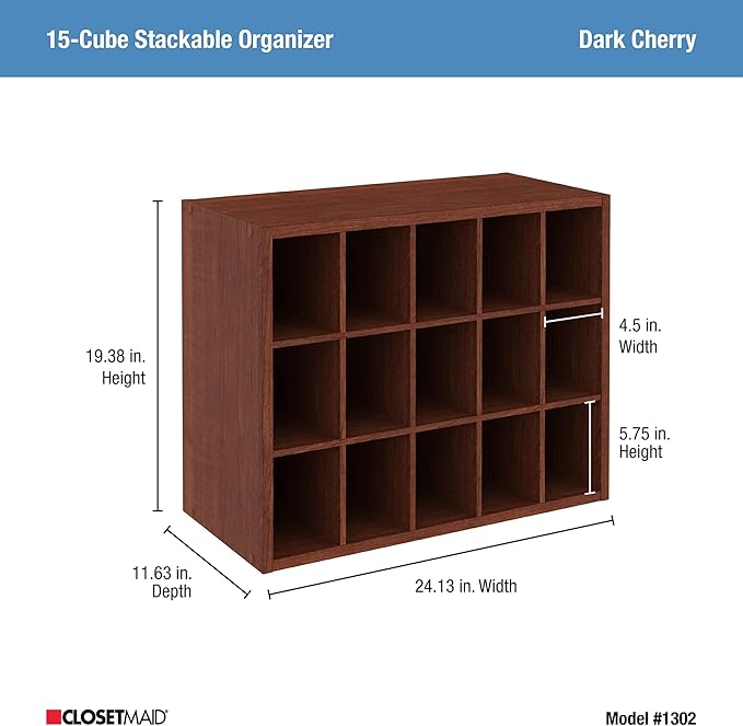 ClosetMaid 15 Cube Stackable Storage Organizer for Shoes, Bags, Crafts, Hobbies with Wood Shelves, for Closet, Entryway or Mudroom, Dark Cherry