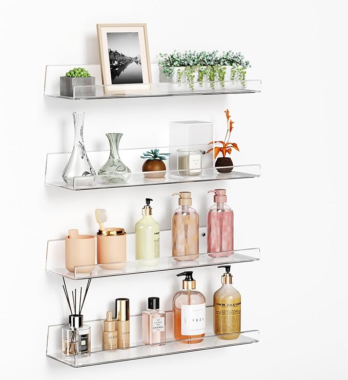 Albumgit 4 Pack Acrylic Shelves for Wall Storage, Self-Adhesive 15