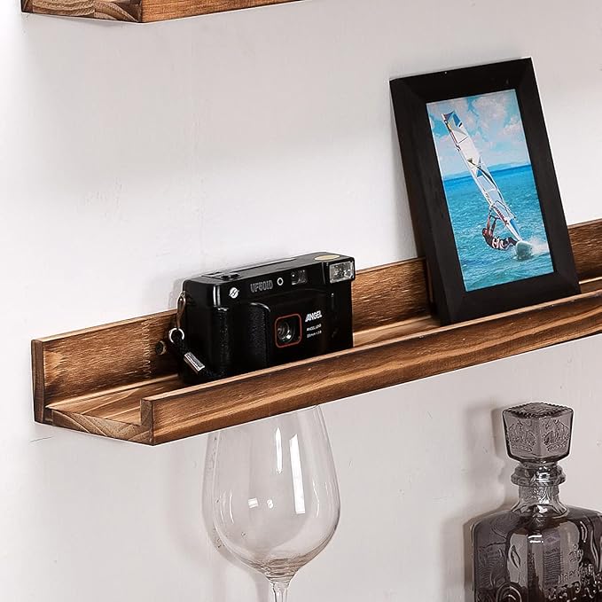 MBYD 24 Inch Carbonized Black Floating Shelves, Handmade Carbonized Black Wooden Picture Ledge Wall Shelf for Bedroom, Living Room, Office, Kitchen, Set of 3 Same Dimensions