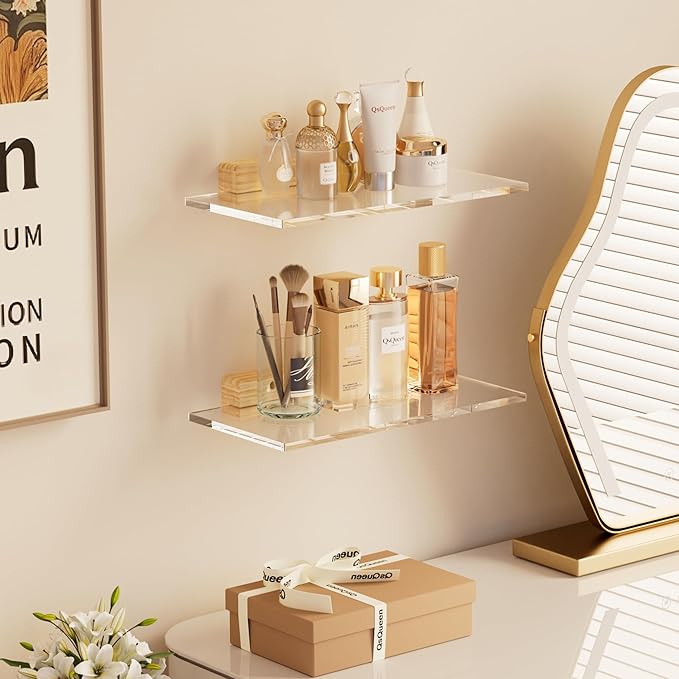 Acrylic Floating Shelves with Solid Wood Base, Wall Mounted Shelf for Plants, Perfume, Nail Polish, Bathroom, Bedroom & Living Room Décor