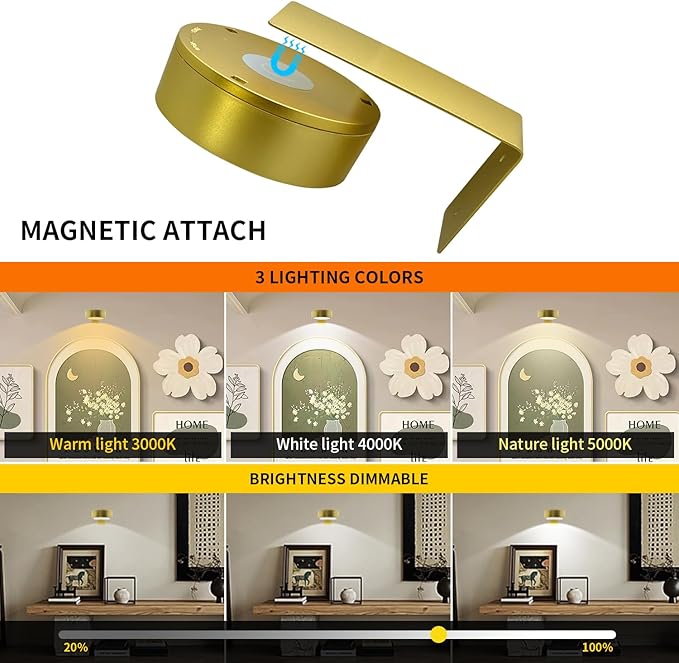 6pcs Wall Picture Light Battery Operated, Painting Light with Remote, Wall Picture Lighting Wireless Indoor with 3 Lighting, Art Display Led Lighting Brightness Dimmable for Frame Gallery Portrait