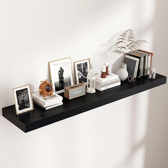 Floating Shelves for Wall, 55 Inch Wide x 12 Inch Deep Floating Shelves, Long Wood Floating Wall Shelf Shelves for Living Room Bathroom Bedroom Kitchen Home - (Black, 55