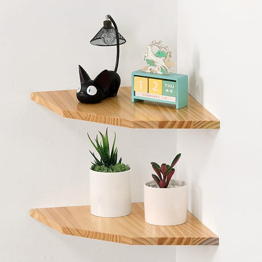 Wood Corner Wall Shelves Set of 2, Solid Wood Corner Floating Shelves, Round End Wall Mounted Floating Corner Shelf for Bedroom, Living Room and Kitchen (10 inch)