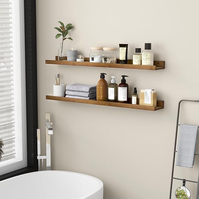 Picture Ledge Shelf for Wall, 36 inch Solid Ash Wood Nursery Book Shelves 2 Packs, Floating Shelves for Kids' Room Bedroom Bathroom Living Room Photo Frames Office Nursey Wall Decor, Walnut