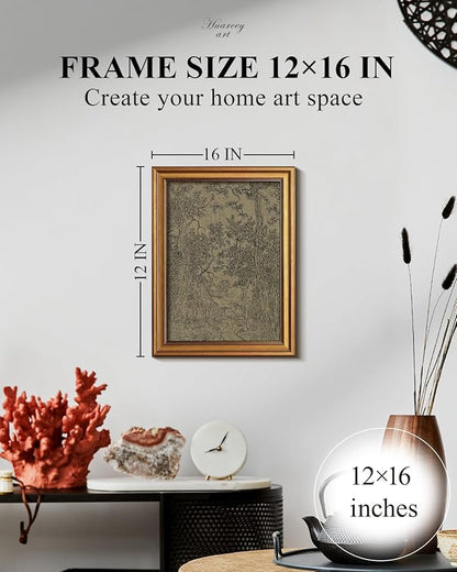 HUARCEY Gold Framed Canvas Wall Art, Antique Sketch Landscape Pictures Vintage Decor, Bedroom Kitchen Shelf Decor, Dark Moody Retro Country Farmhouse Canvas Paintings, 12x16inch