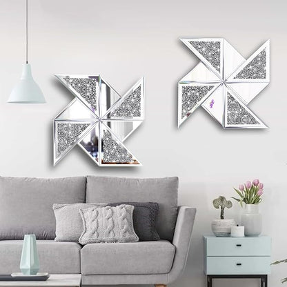 Set of 2 Diamond Decorative Mirrors, Cute Pinwheel Shape Wall Mirror, Crushed Diamond Glass Mirror for Home Décor. (15.6”x15.6”)