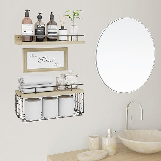 Floating Shelves with Sweet Home Sweet Wall Decor Sign， Wall Shelves for Bathroom/Living Room/Kitchen/Bedroom, (Black-Natural-Black) Floating Bathroom Shelves