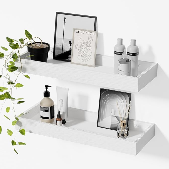 Floating Shelves for Wall, 15.7 Inch Picture Ledge with Raised Lip, Bathroom Shelves Over Toilet, Nursery Book Shelves, Kitchen Spice Rack, Wall Decor Display Ledge, Set of 2, White