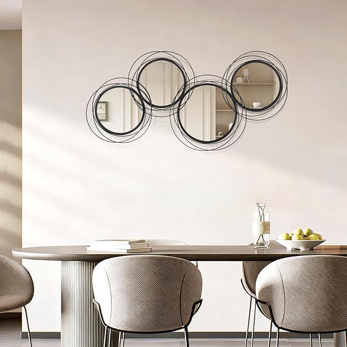 Round Decorative Wall Mirror, Black 4 Pcs Circle Modern Mirror Wall Art Ring Metal Mirrors Wall Mounted for Living Room Bedroom Entryway Dining Room Hallway 16x32 Inch