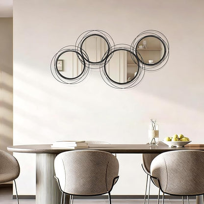 Round Decorative Wall Mirror, Black 4 Pcs Circle Modern Mirror Wall Art Ring Metal Mirrors Wall Mounted for Living Room Bedroom Entryway Dining Room Hallway 16x32 Inch