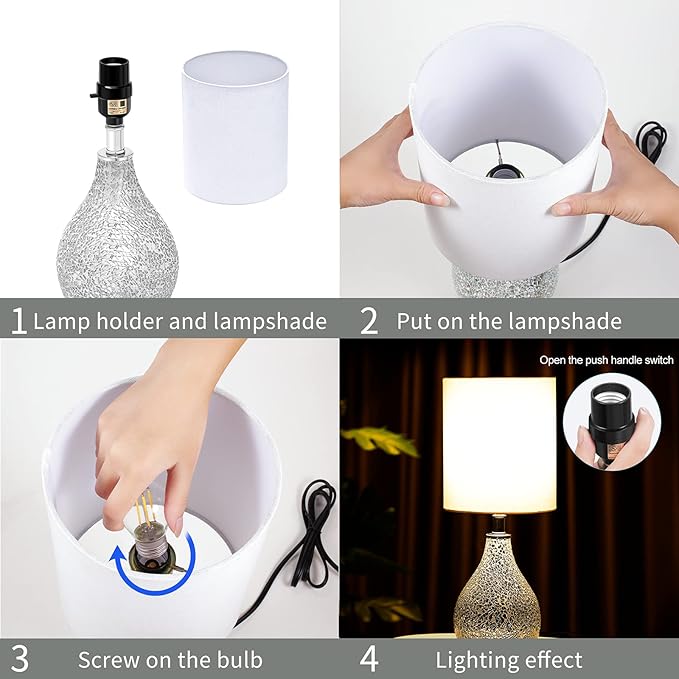 Modern Table Lamps Set of 2, Mirror Silver Gourd Design Mosaic Tiled Glass 17.5