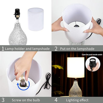 Modern Table Lamps Set of 2, Mirror Silver Gourd Design Mosaic Tiled Glass 17.5" Bedside Lamp, for Bedroom Living Room and Office Desk Nightstand Table Lamp