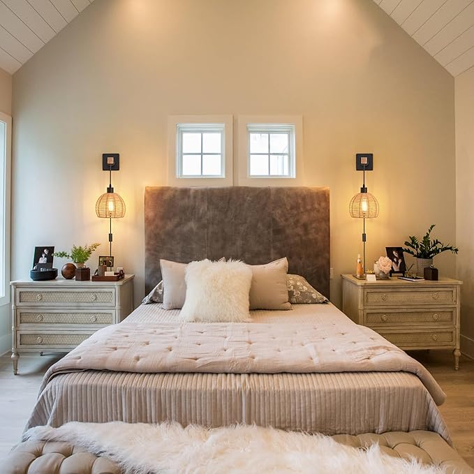 Rustic Wall Sconces Fixtures with Plug in Cord, Set of Two Indoor Vintage Rattan Wall Light Industrial Lamp Fixture Farmhouse Metal Sconces Light for Bedroom Bedside Living Room