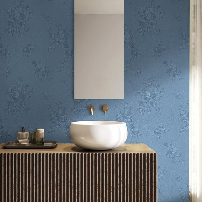 Blue Peel and Stick Wallpaper Floral Textured Wallpaper 17.7inch x 393.7inch Floral Embossed Contact Paper Grey Blue Self Adhesive Decorative Wall Paper Removable Cabinets Shelf Liner Vinyl